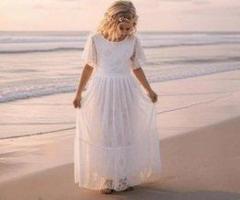 White Flower Girl Dress Bohemian Style, Vintage Lace Beach Dress for Girls